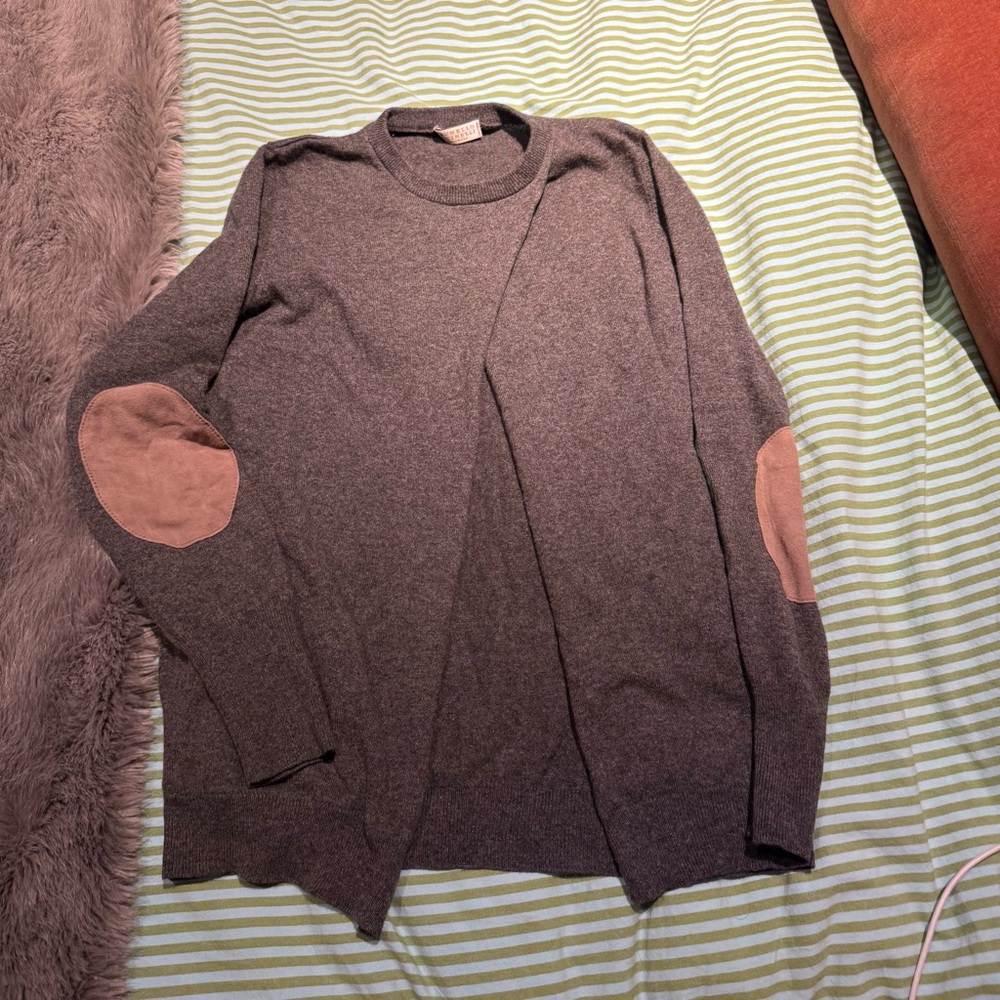 Brunello Cucinelli Gray and Tan Crew Neck Sweater